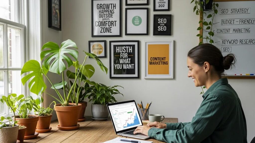 Small business owner working on SEO strategies in a cozy office