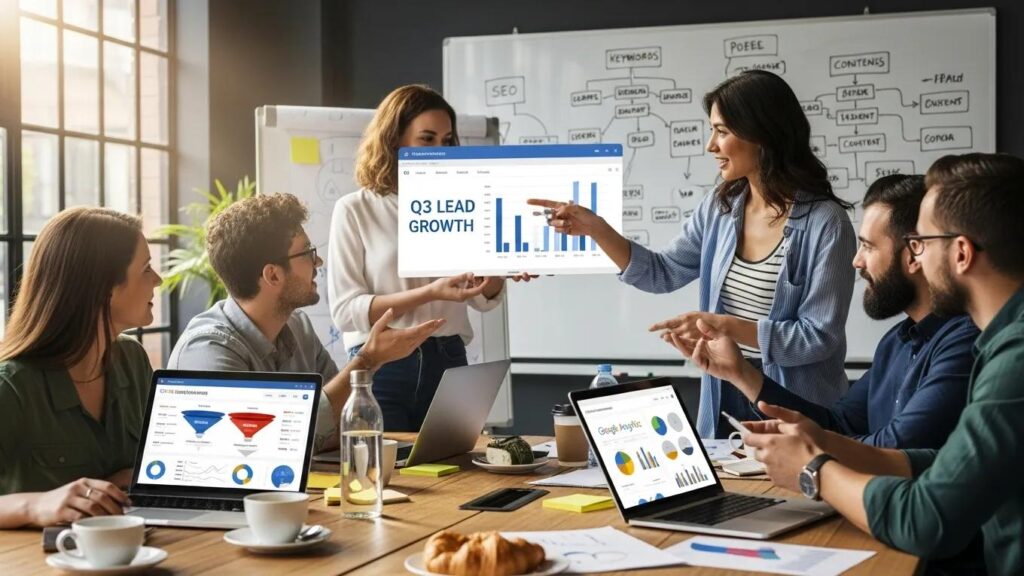 Small business owners collaborating on lead generation strategies with technology