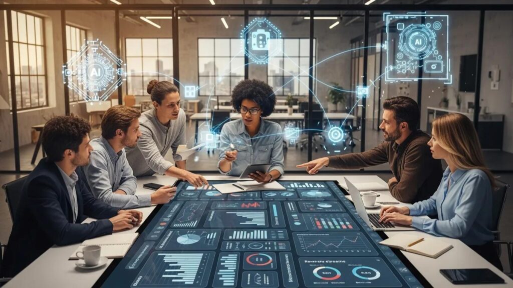 SMB team collaborating on automated revenue infrastructure with advanced technology