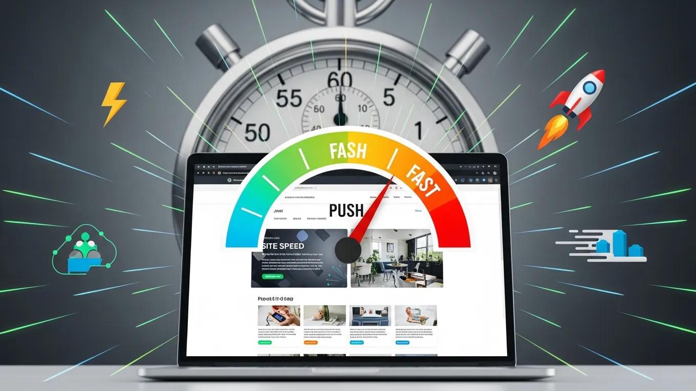 Speedometer graphic on a laptop screen illustrating site speed optimization for SEO