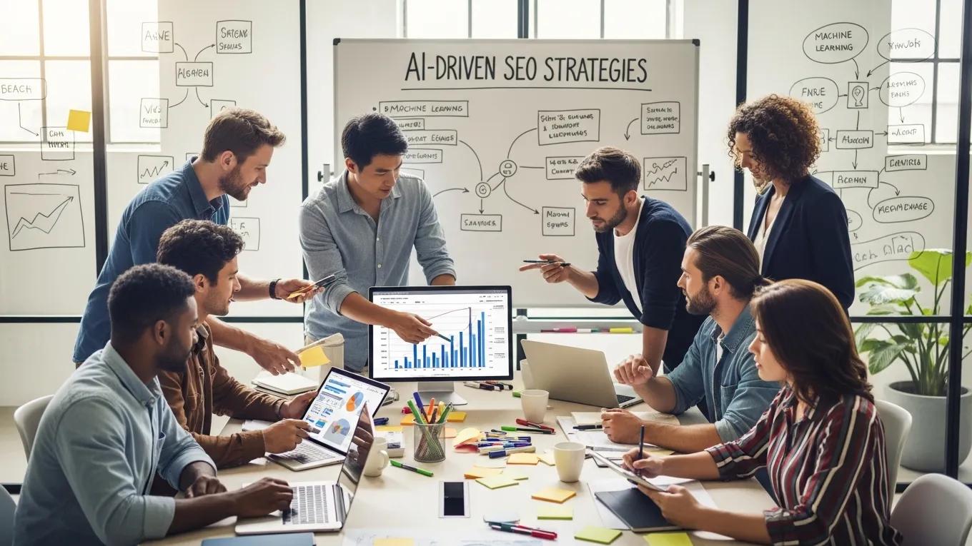 Team collaborating on AI-driven SEO strategies in a modern office setting