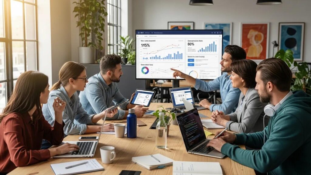 Team collaborating on lead generation strategies in a modern office