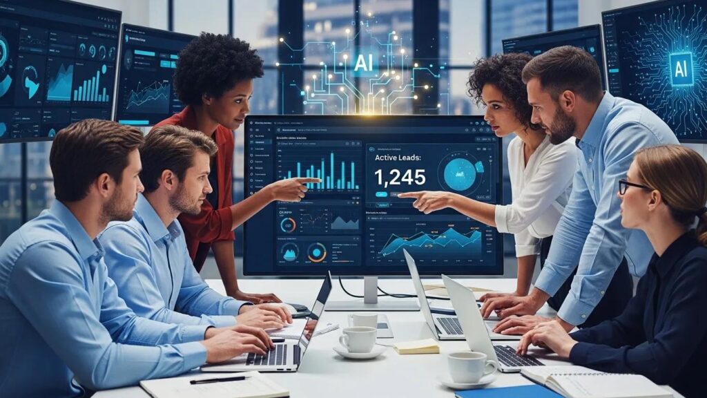 Team collaborating on lead generation strategies with real-time analytics dashboard