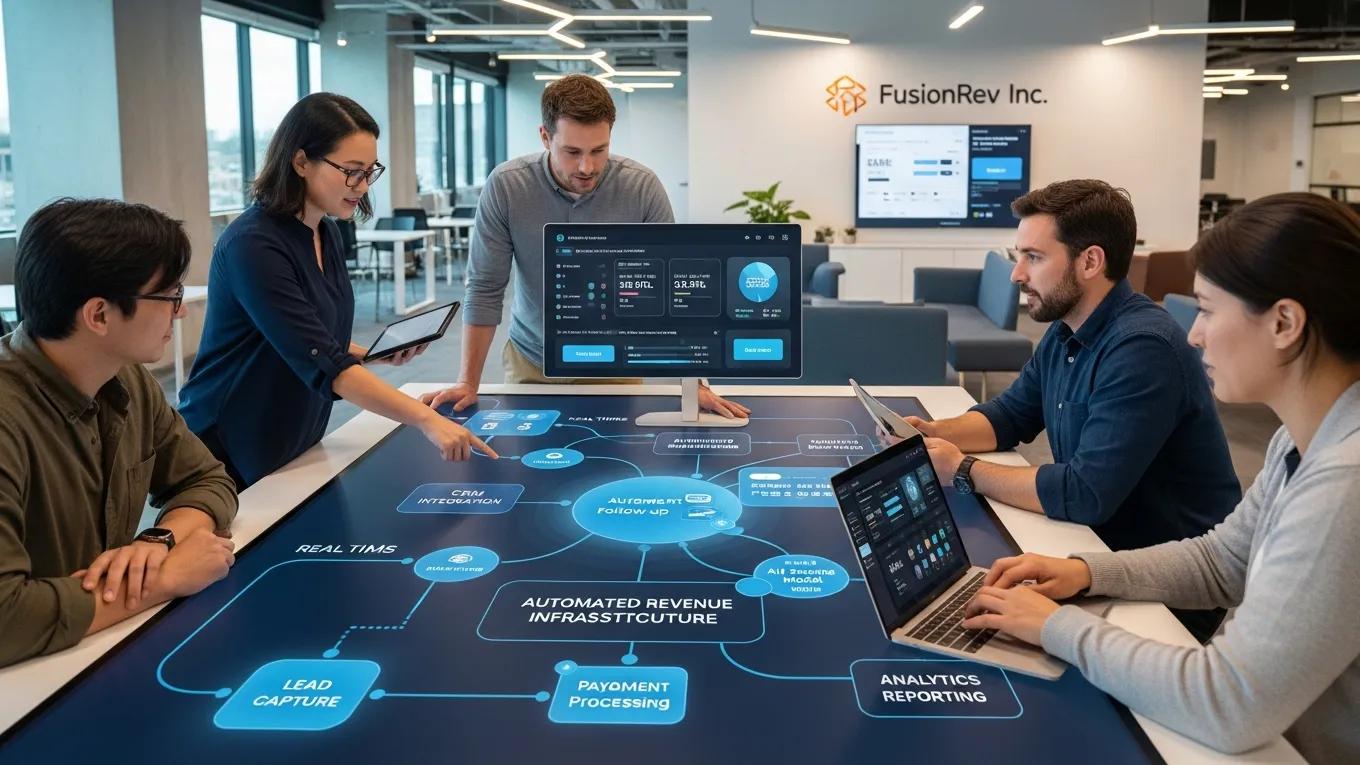 Team collaborating on revenue infrastructure for automated lead generation