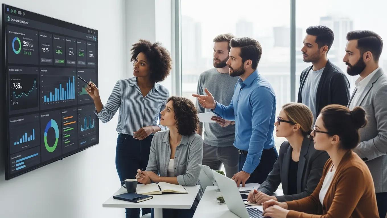 Team of professionals analyzing SEO metrics on a digital dashboard