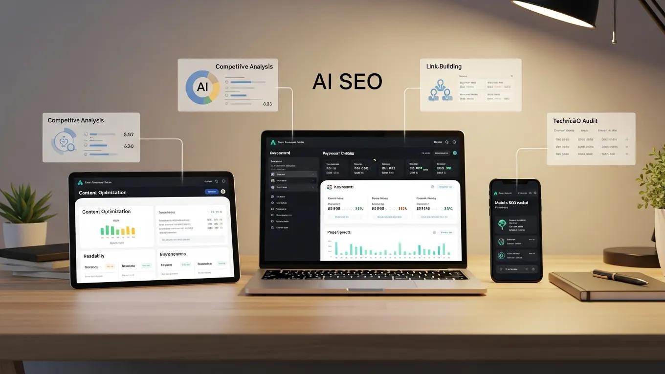 Various AI SEO tools displayed on a desk with analytics on devices