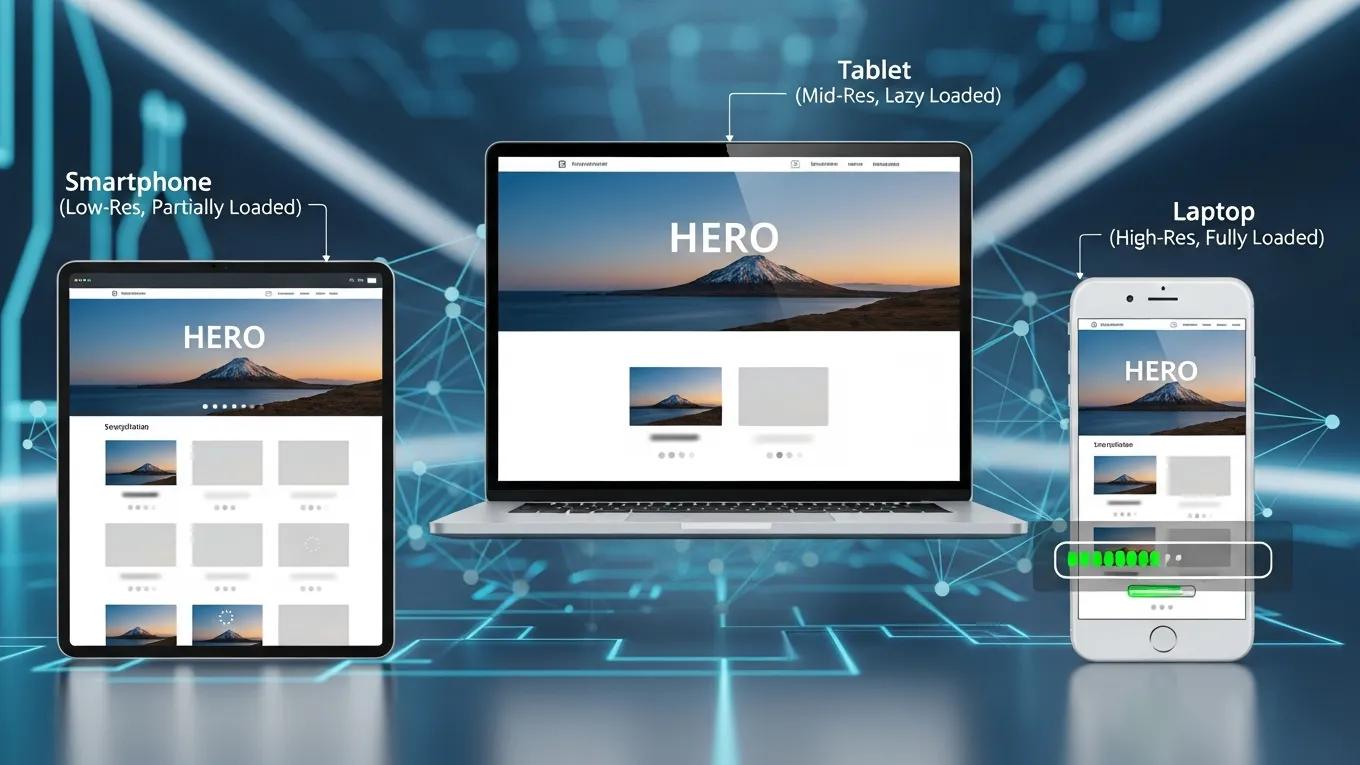 Various devices displaying responsive images and lazy loading in a tech-savvy environment
