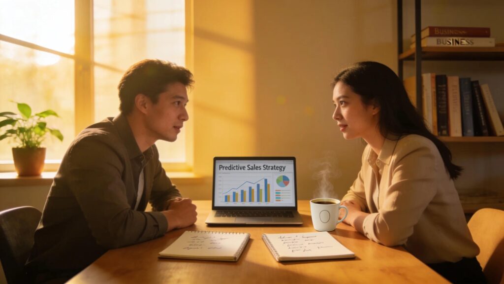 Business professionals collaborating on predictive sales strategies in a modern office setting