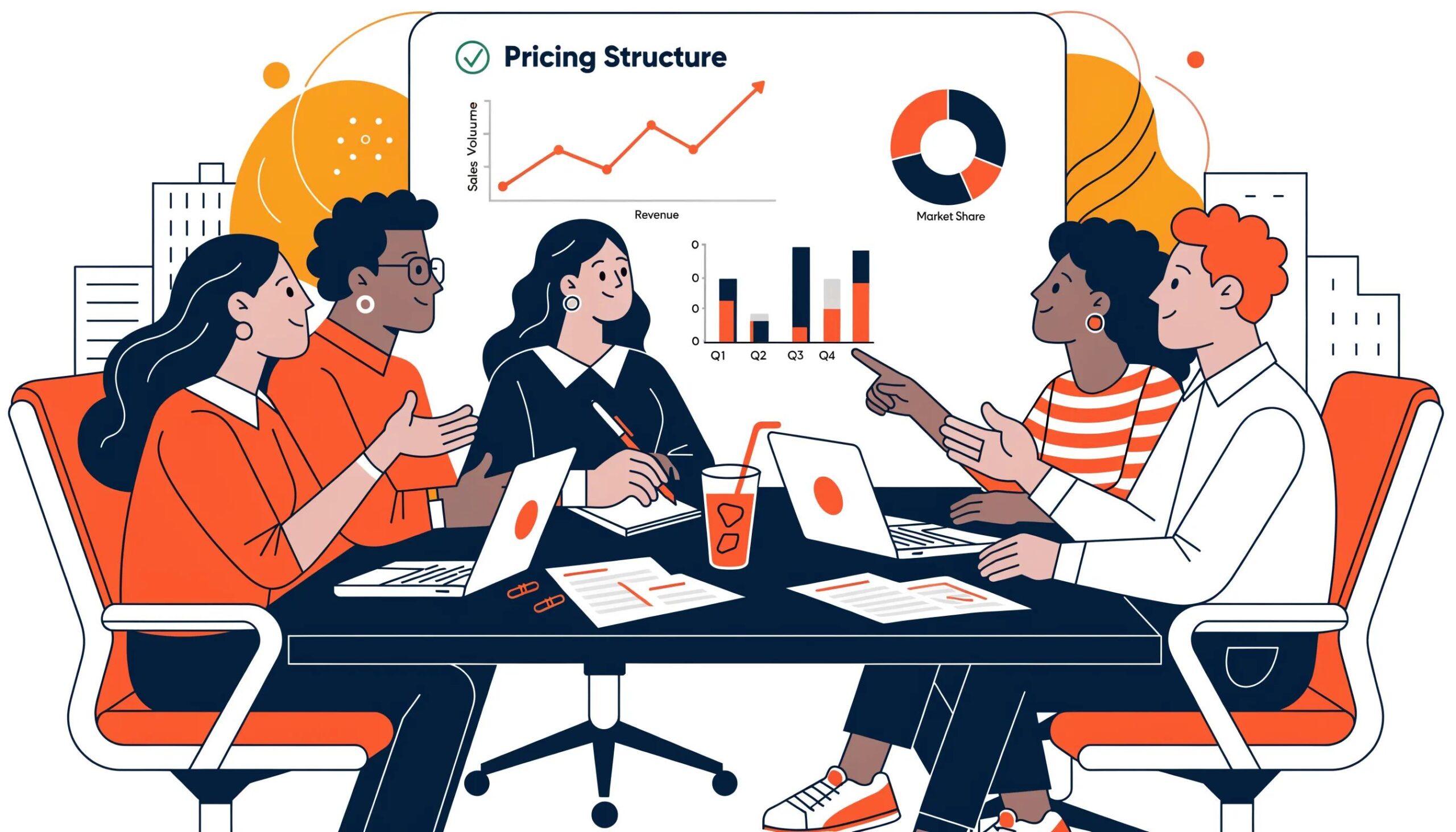 Executives discussing transparency in pricing during a business meeting with visible charts