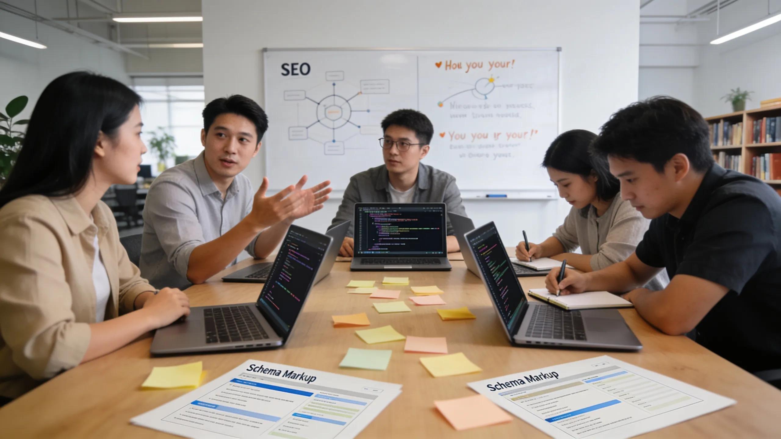 Marketing team collaborating on schema markup best practices for SEO optimization