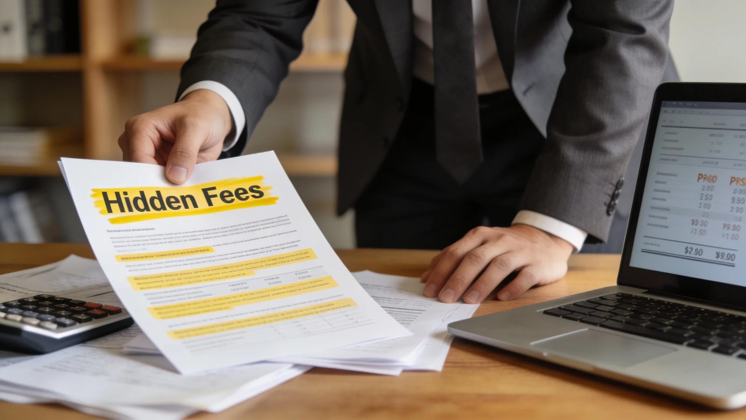 Professional examining a document related to hidden fees in marketing platforms in an office