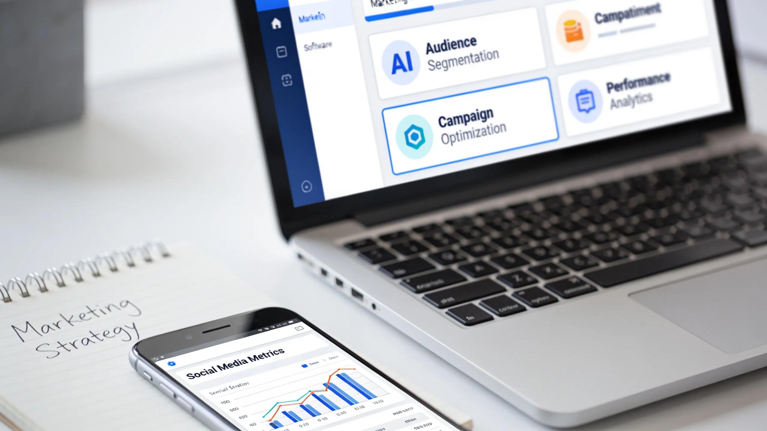 Close-up of a laptop displaying AI marketing tools in an organized workspace