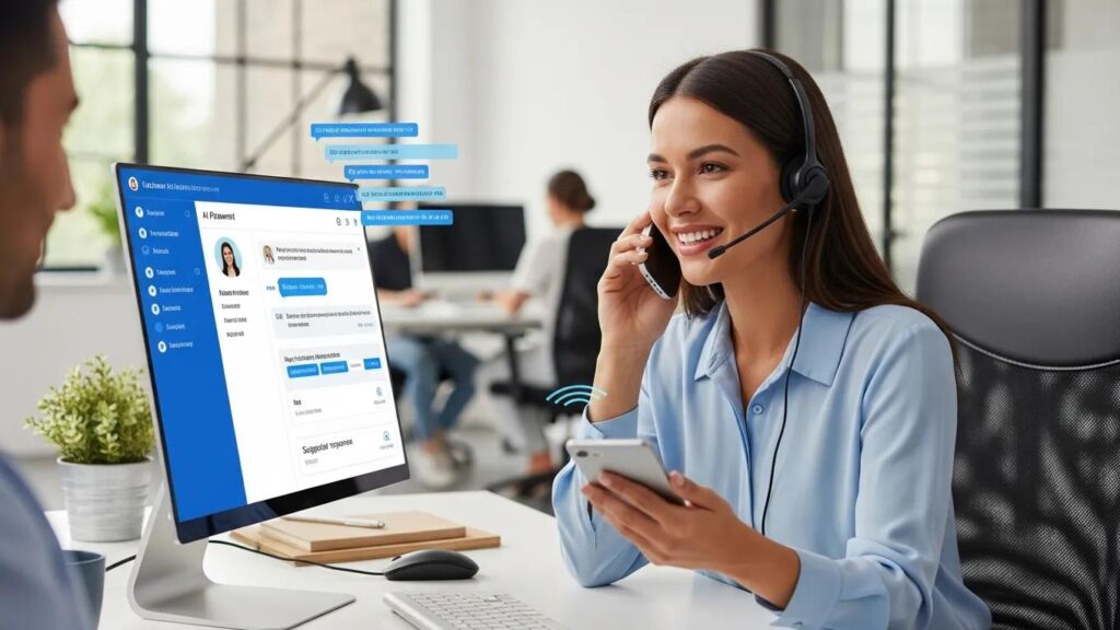 AI customer service representative using advanced phone system in a modern office