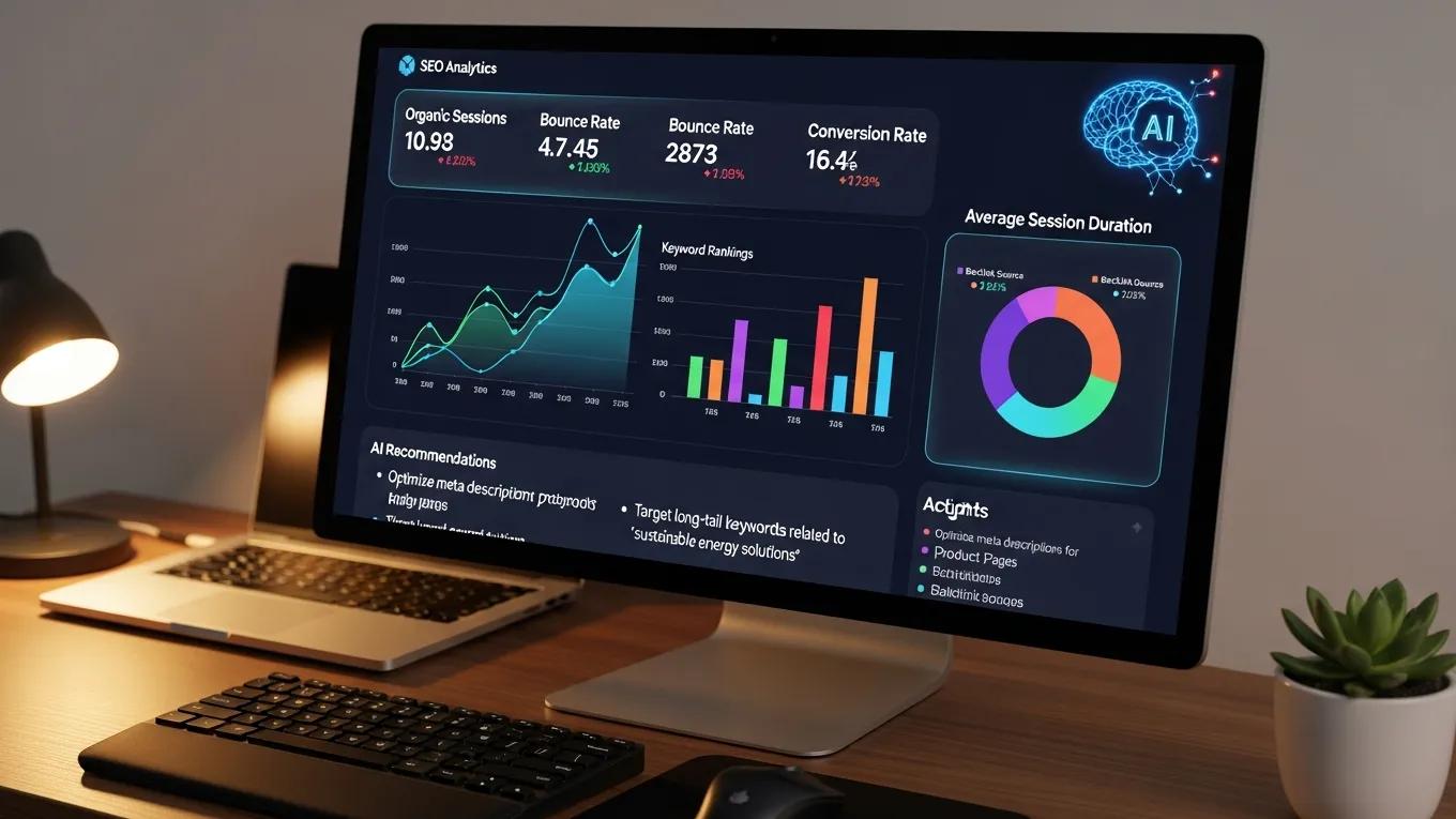 AI-driven SEO analytics dashboard displaying key performance metrics and insights