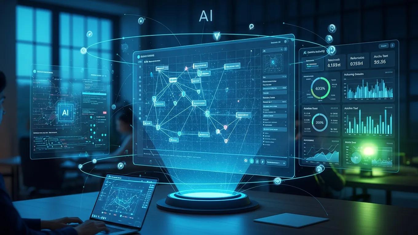 AI-powered tool analyzing backlink data in a tech-savvy workspace