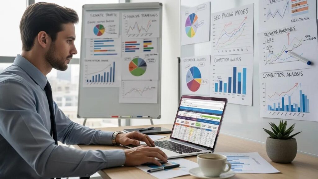 Business professional analyzing SEO pricing models on a laptop in a modern office