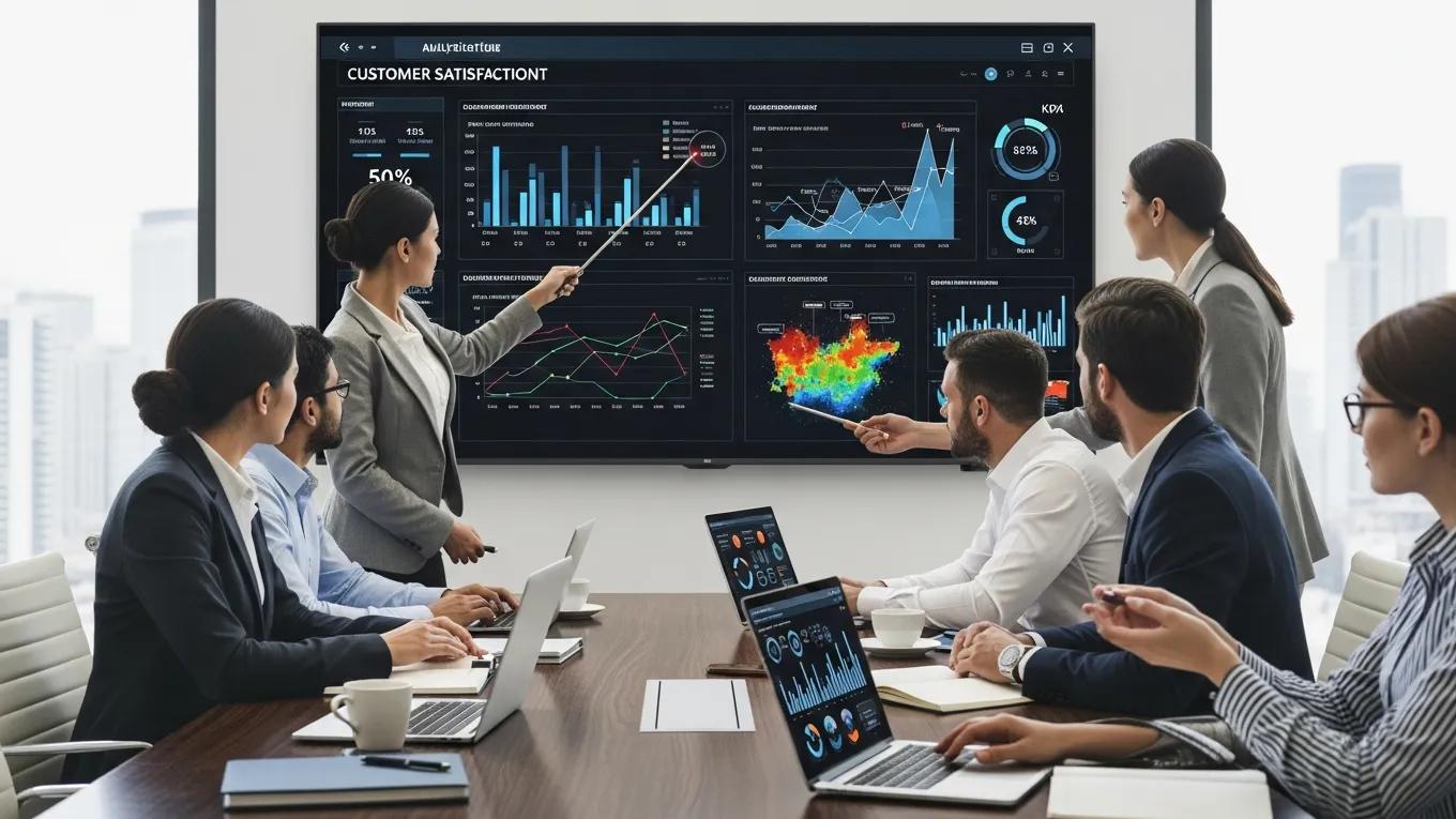 Business team analyzing AI analytics data for customer experience improvement