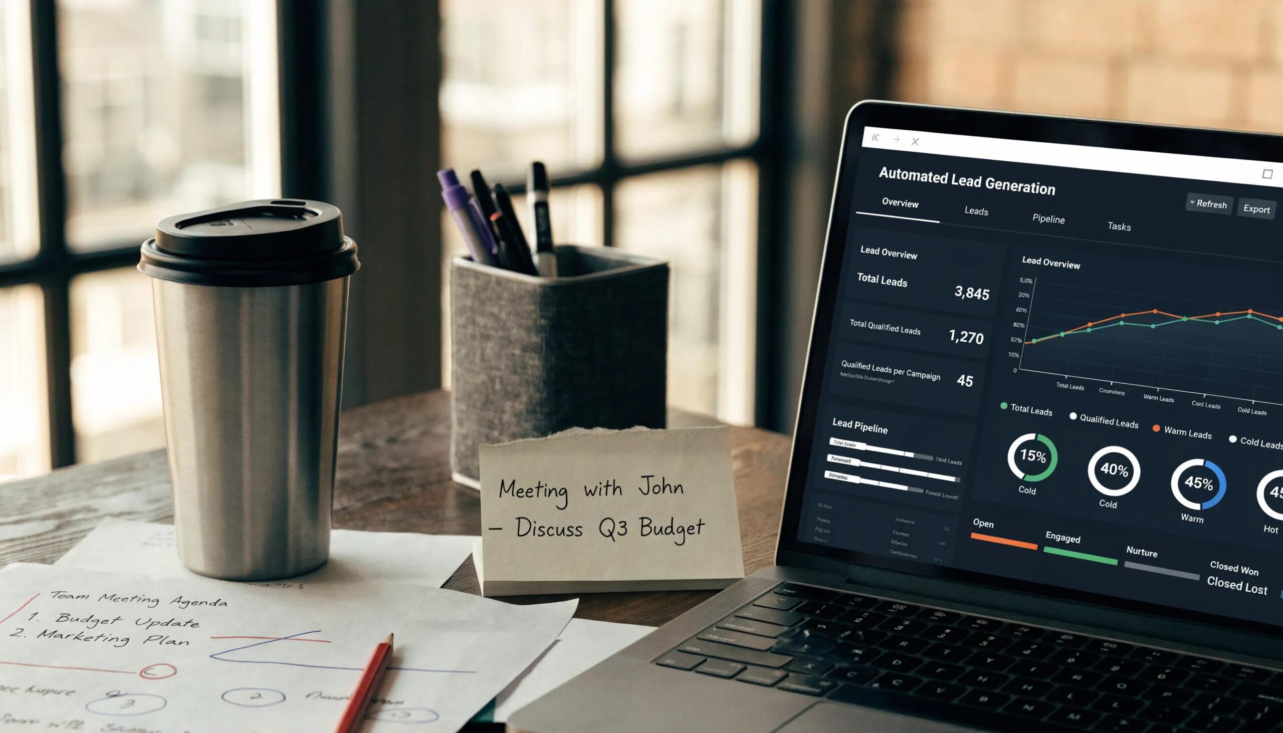 Modern workspace with laptop showing automated lead generation metrics and marketing tools