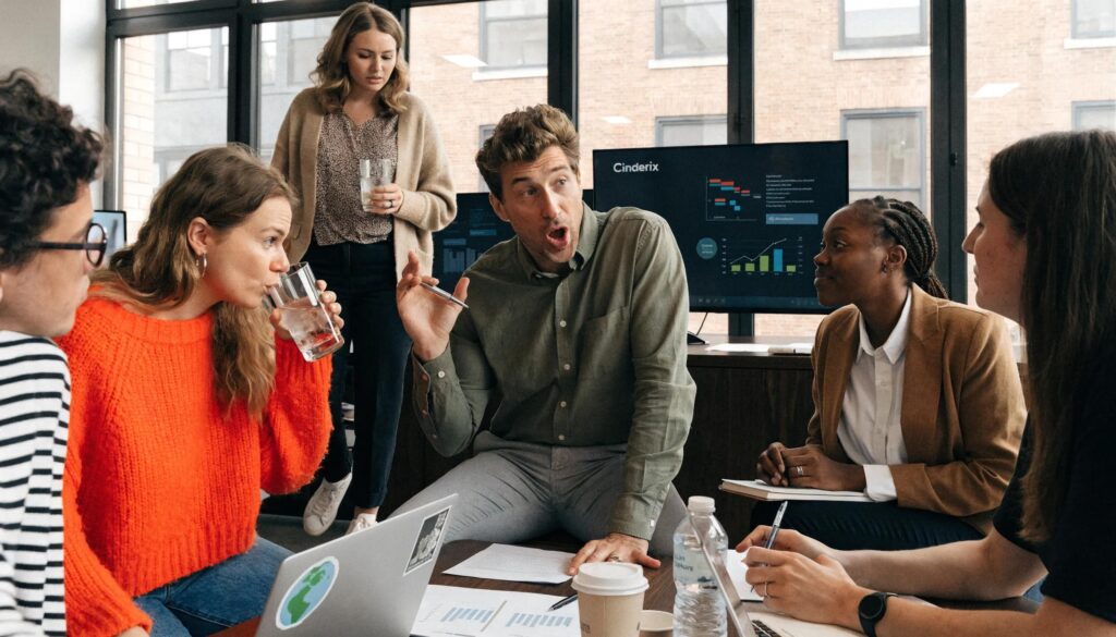 Team collaborating in a modern workspace discussing marketing strategies and pricing structures