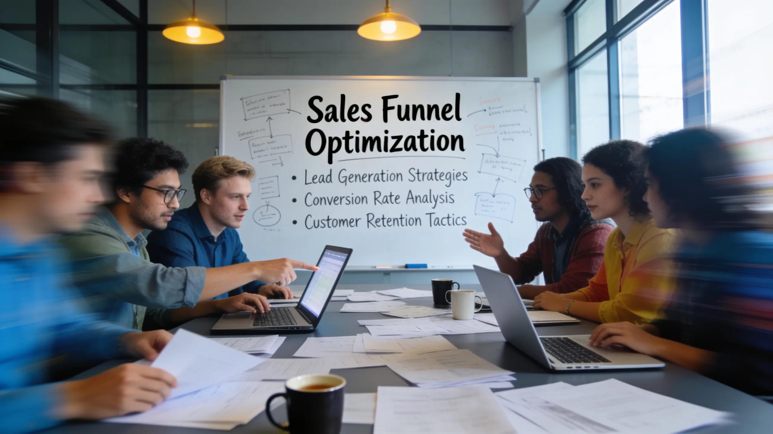 Small business team discussing strategies for optimizing their sales funnel