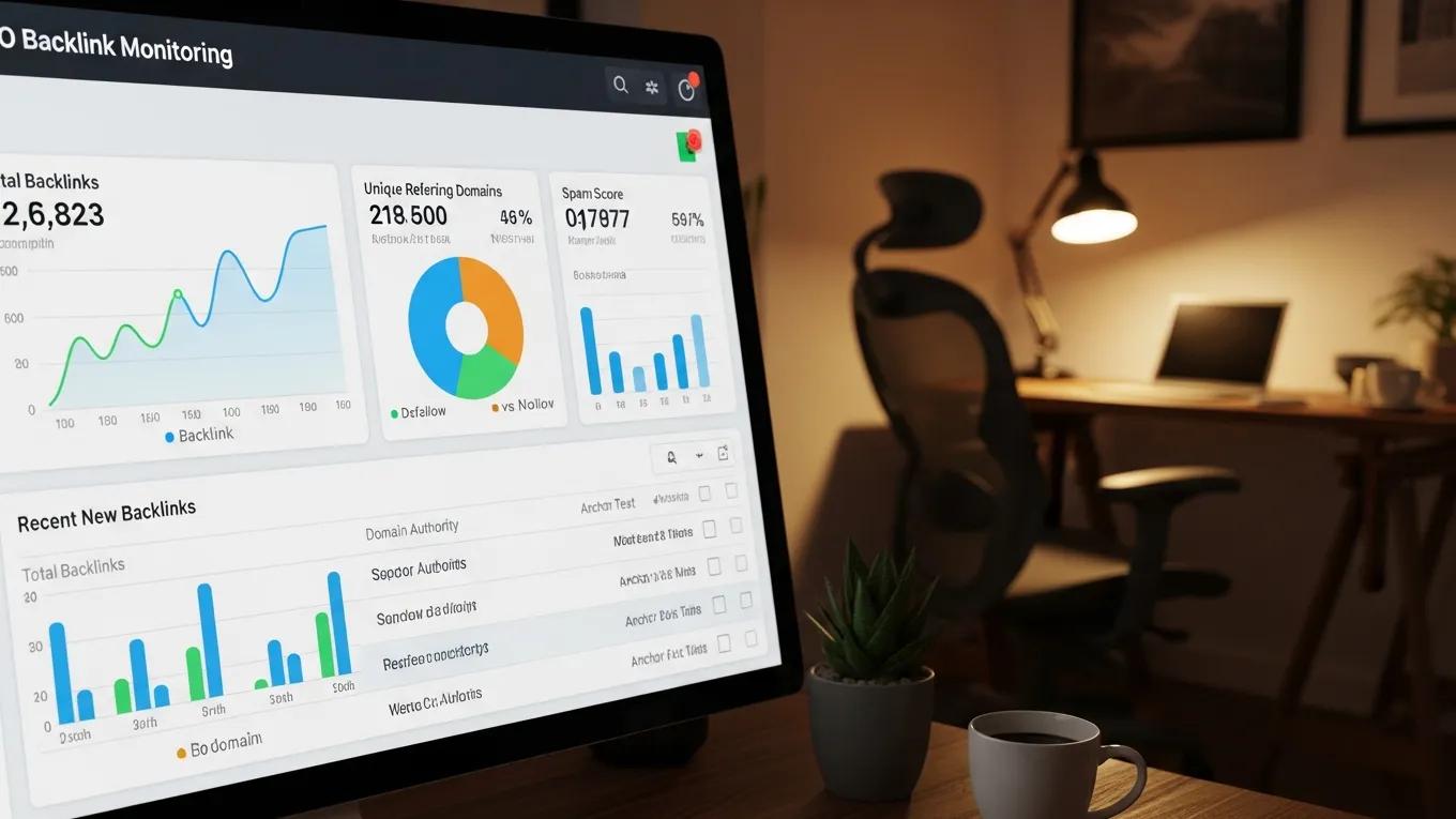 Close-up of an SEO backlink monitoring dashboard with colorful graphs and metrics