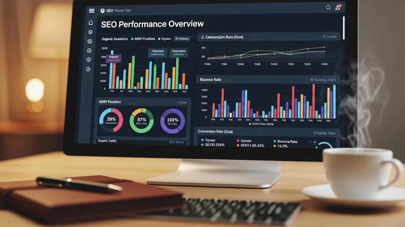 Close-up of computer screen displaying SEO metrics and analytics