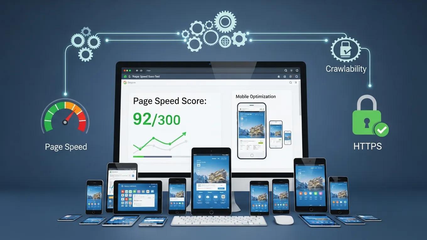 Close-up of computer screen showing website speed test and mobile optimization tools, highlighting technical SEO elements