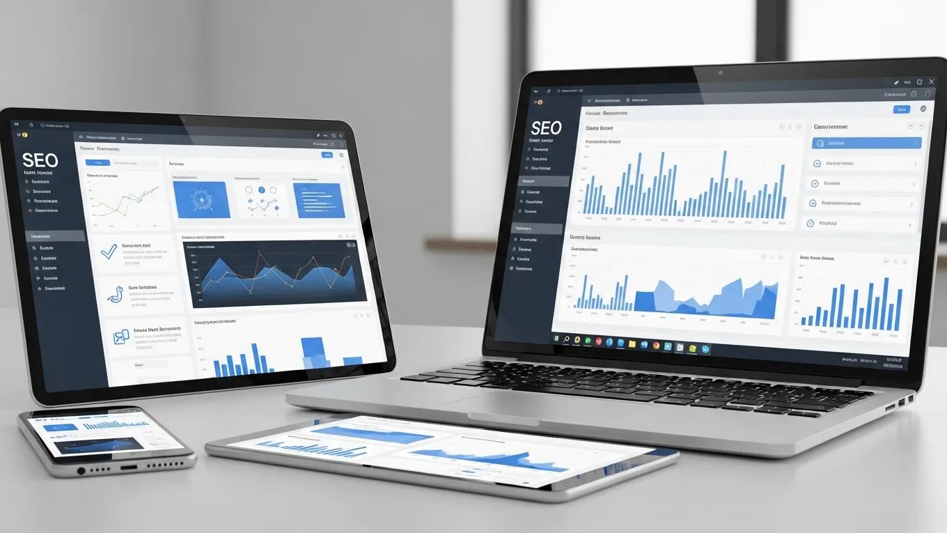 Collection of digital devices displaying SEO analytics tools in a modern office setting