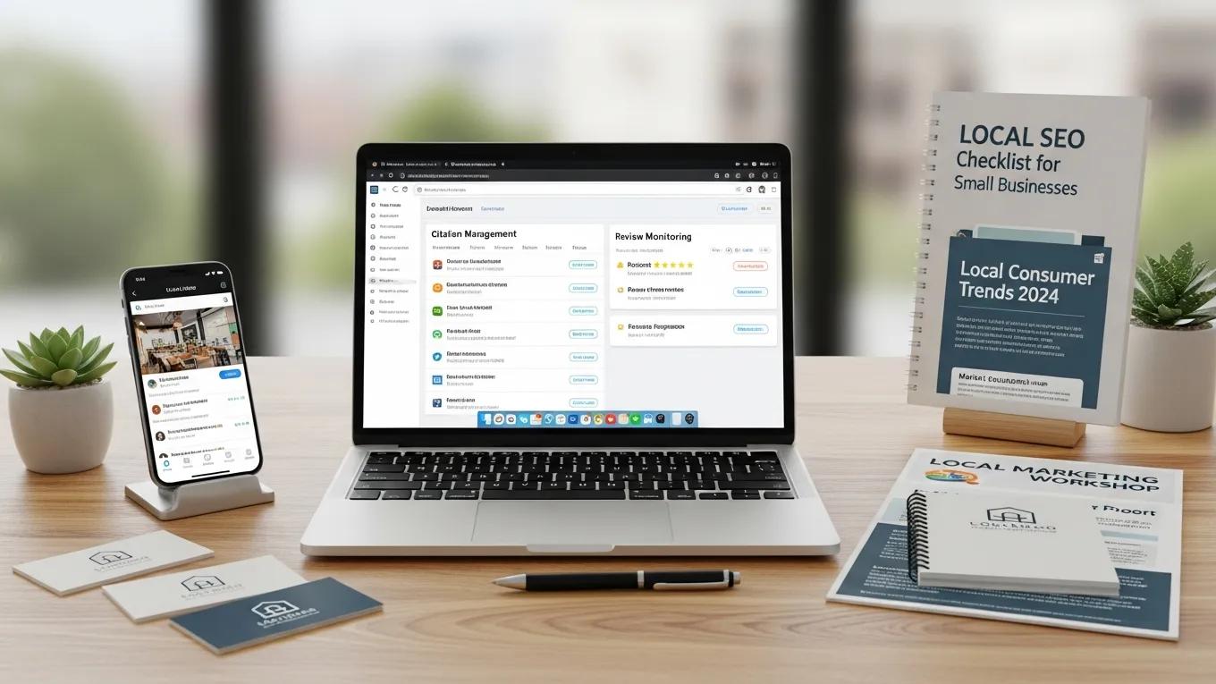 Collection of local SEO tools for small businesses on a desk