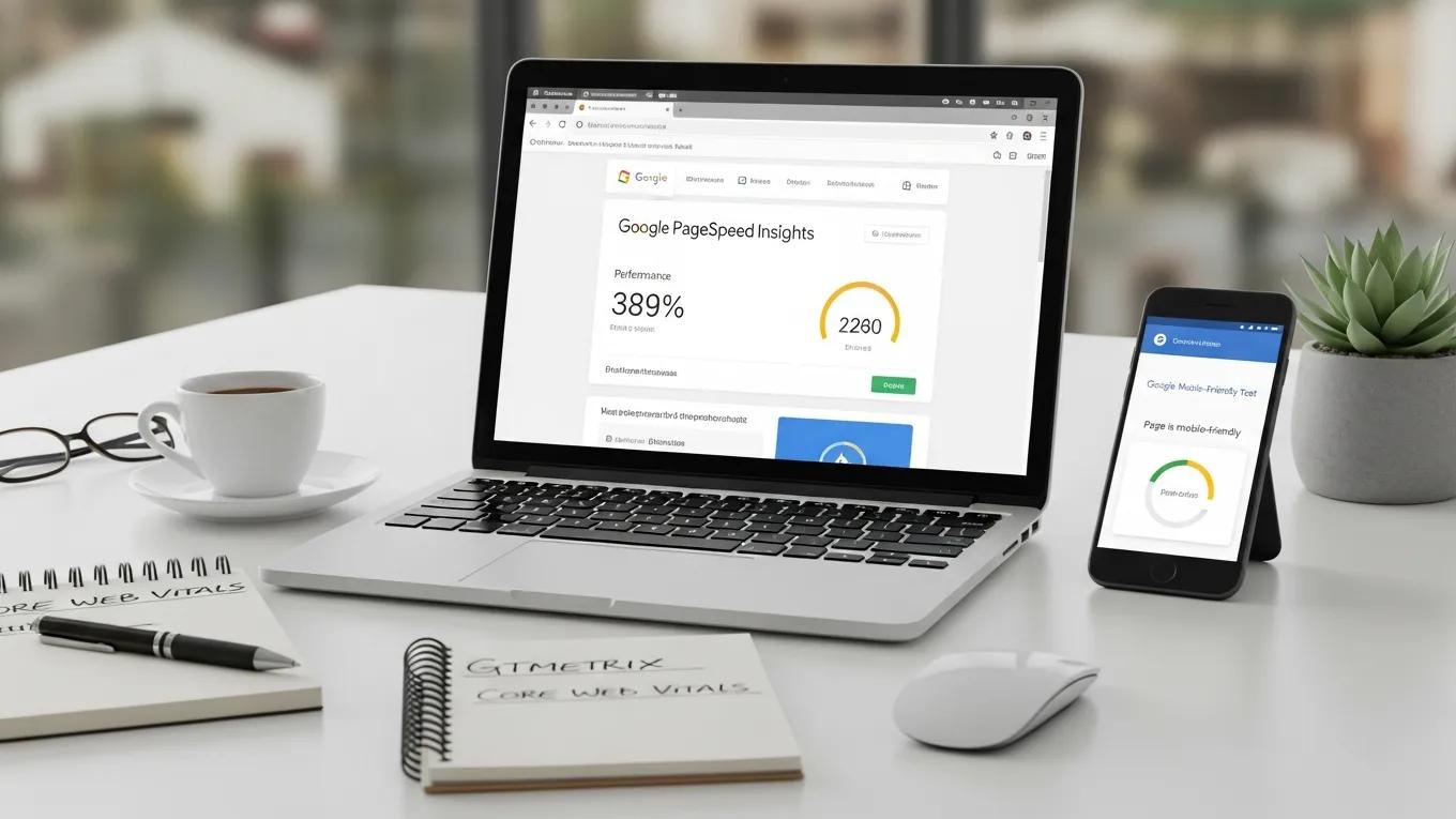 Collection of mobile SEO tools including Google PageSpeed Insights and GTmetrix on a desk