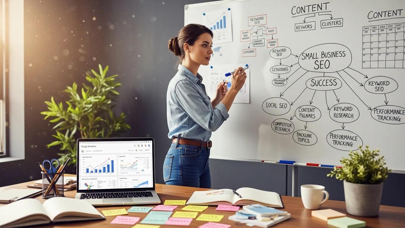 Content creator brainstorming effective marketing strategies for small business SEO