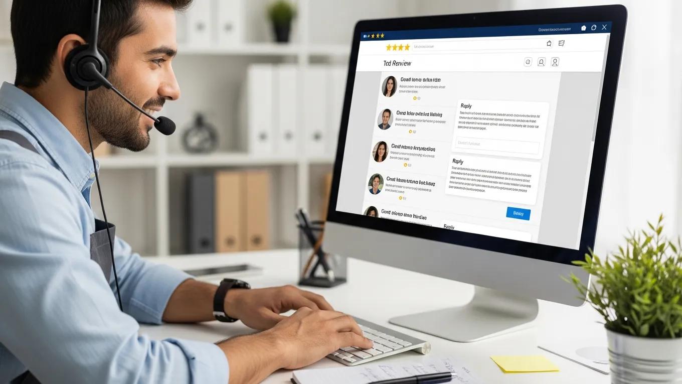 Customer service representative managing online reviews on a computer
