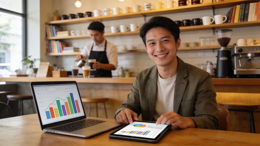 Small business owner engaging with AI marketing tools in a cozy shop setting