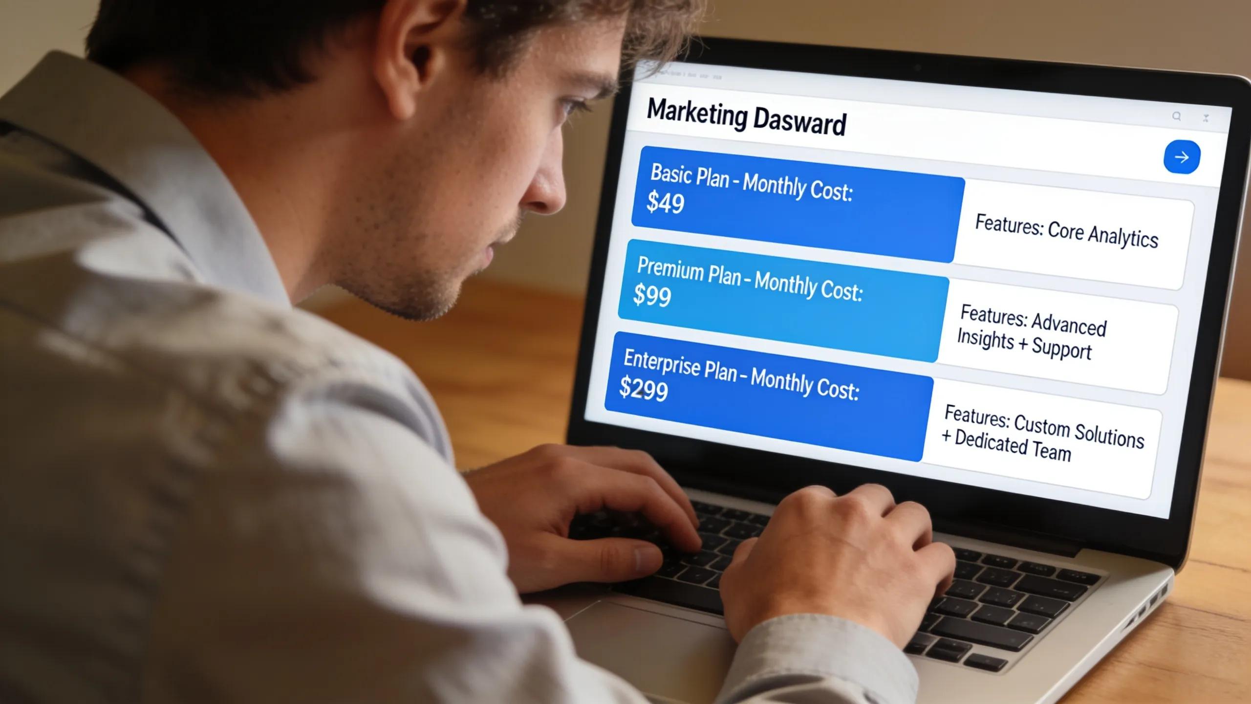 Close-up of marketing dashboard with subscription tier options on a laptop