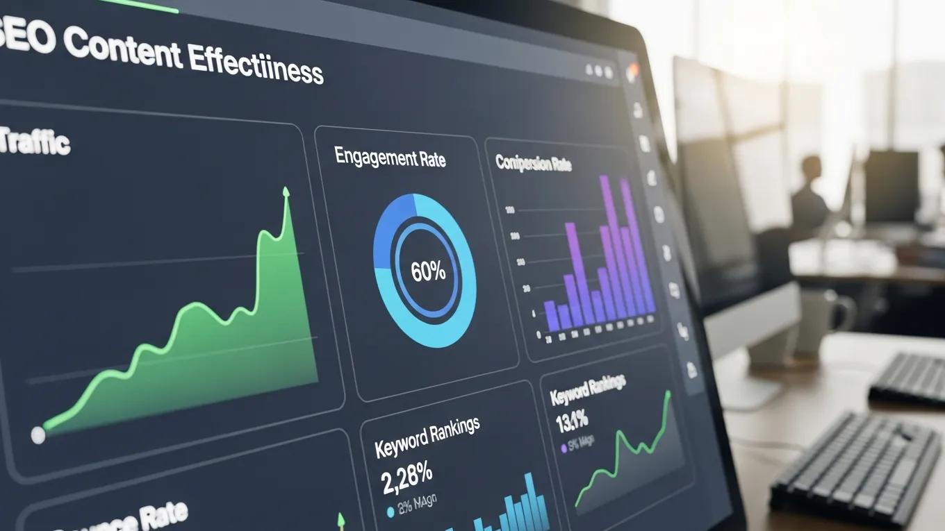 Digital dashboard showcasing key SEO metrics like traffic and engagement rates