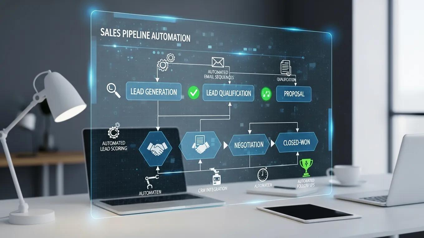 Digital flowchart illustrating sales pipeline automation processes in a modern workspace