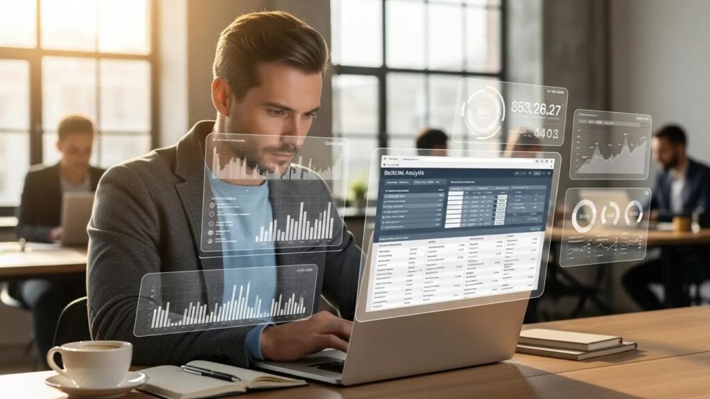 Digital marketing professional analyzing backlink data on a laptop in a modern office
