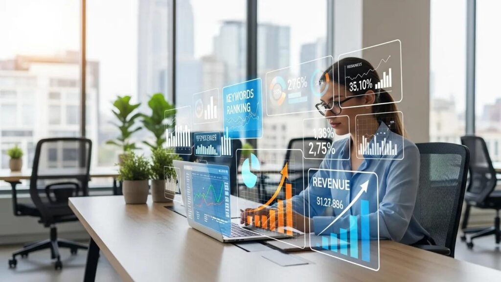 Digital marketing professional analyzing keyword ranking reports for SEO insights