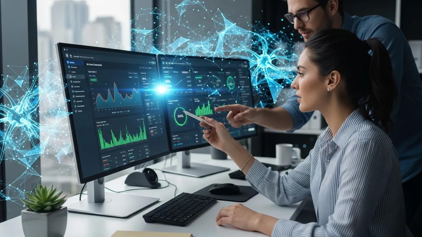 Digital marketing professional analyzing website performance data with AI elements, focusing on site speed optimization