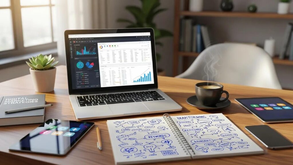 Digital marketing workspace with laptop, notepad, and coffee cup illustrating content marketing and SEO integration