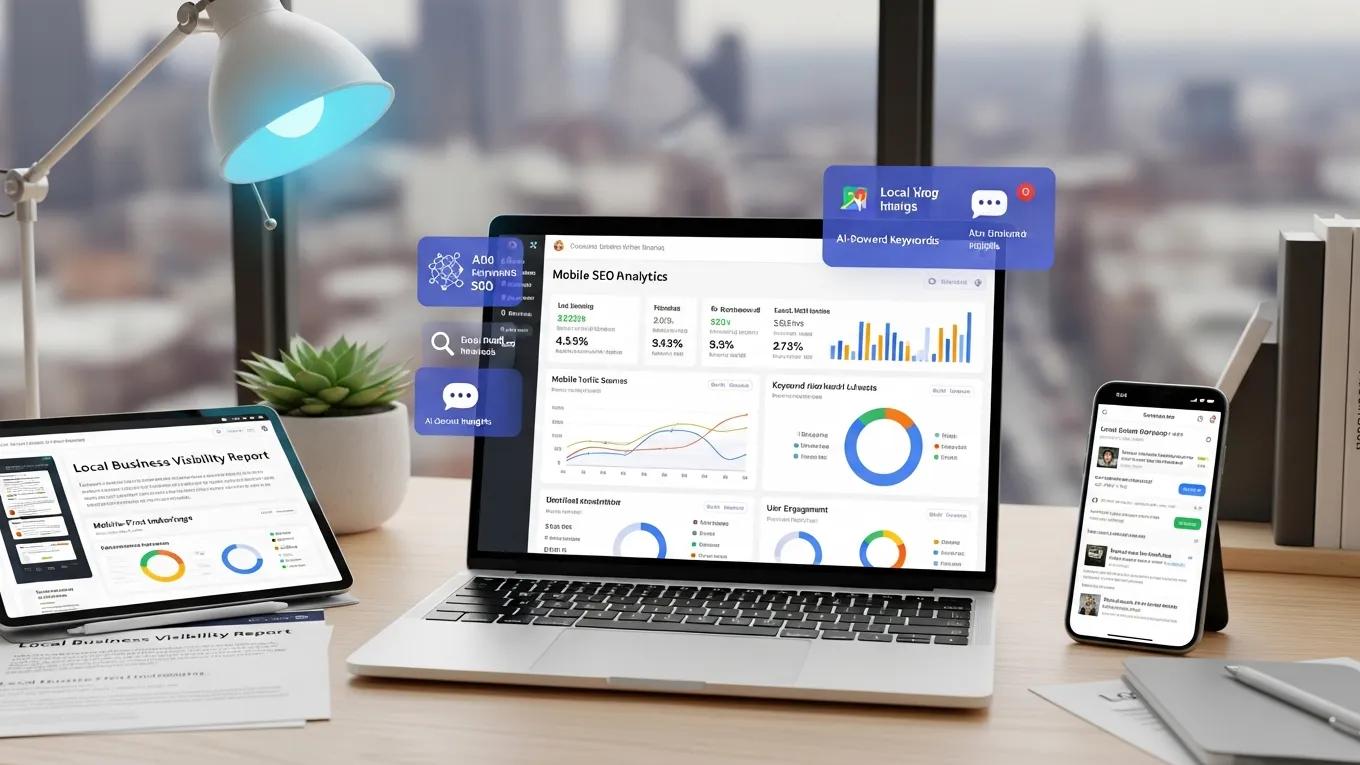 Digital workspace with AI tools for optimizing mobile SEO