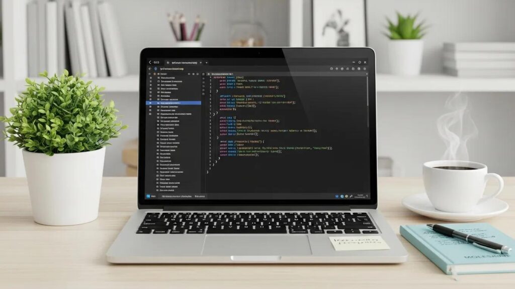 Digital workspace with laptop showing schema markup code, enhancing SEO visibility