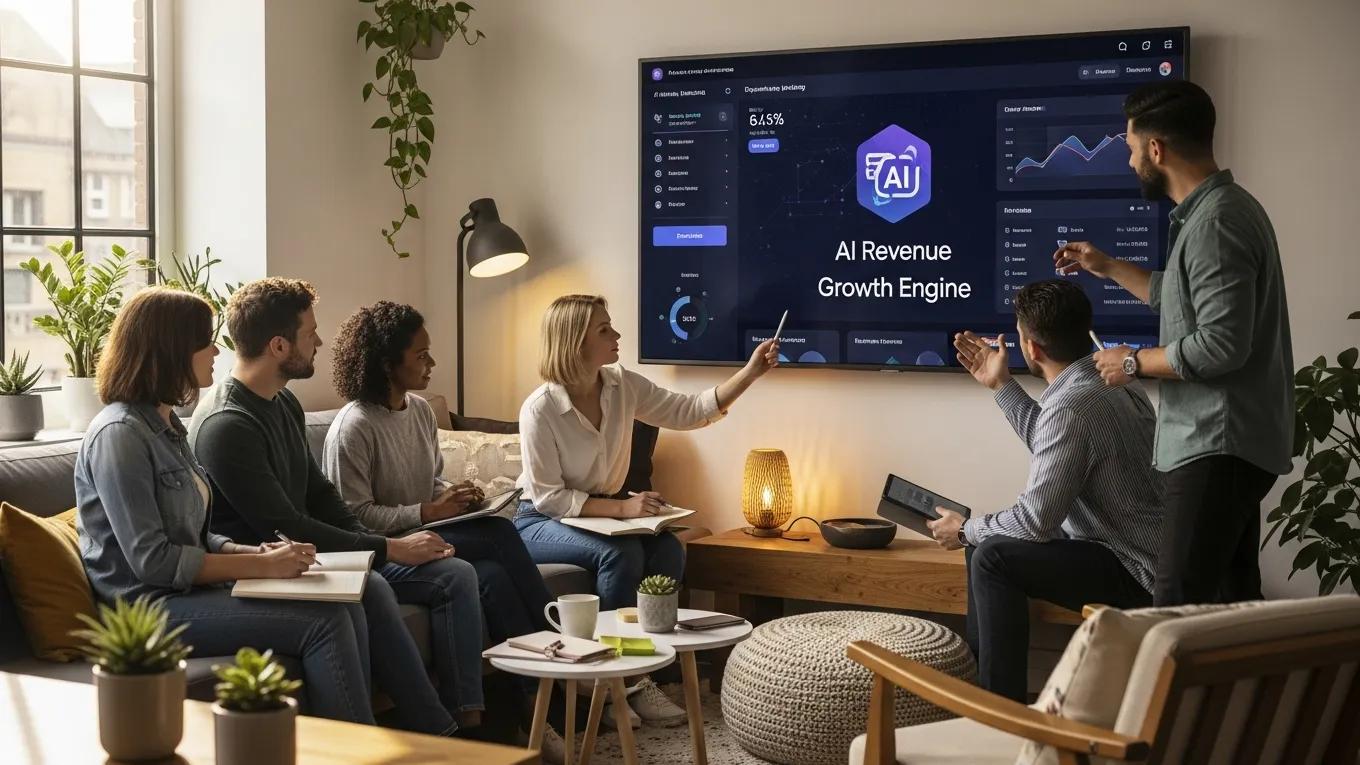 Diverse team collaborating on digital marketing strategy, showcasing AI's role in revenue growth