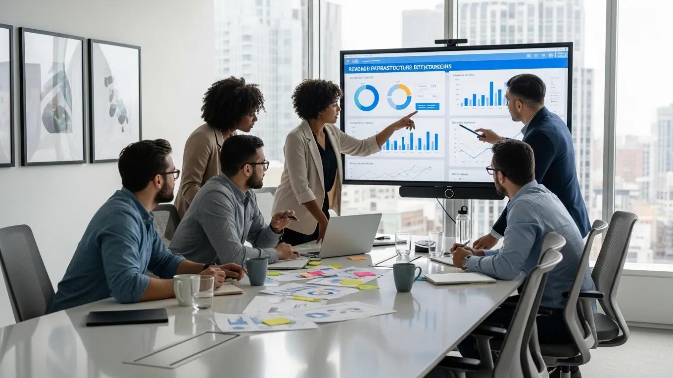 Diverse team collaborating on revenue infrastructure strategies in a conference room