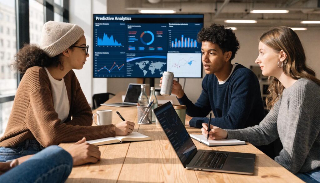 Sales team in a modern office discussing predictive analytics for enhanced sales automation
