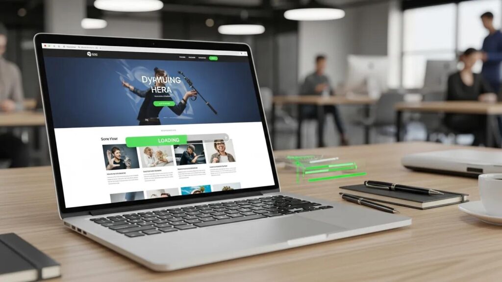 Fast-loading website on a laptop in a busy office, emphasizing site speed optimization