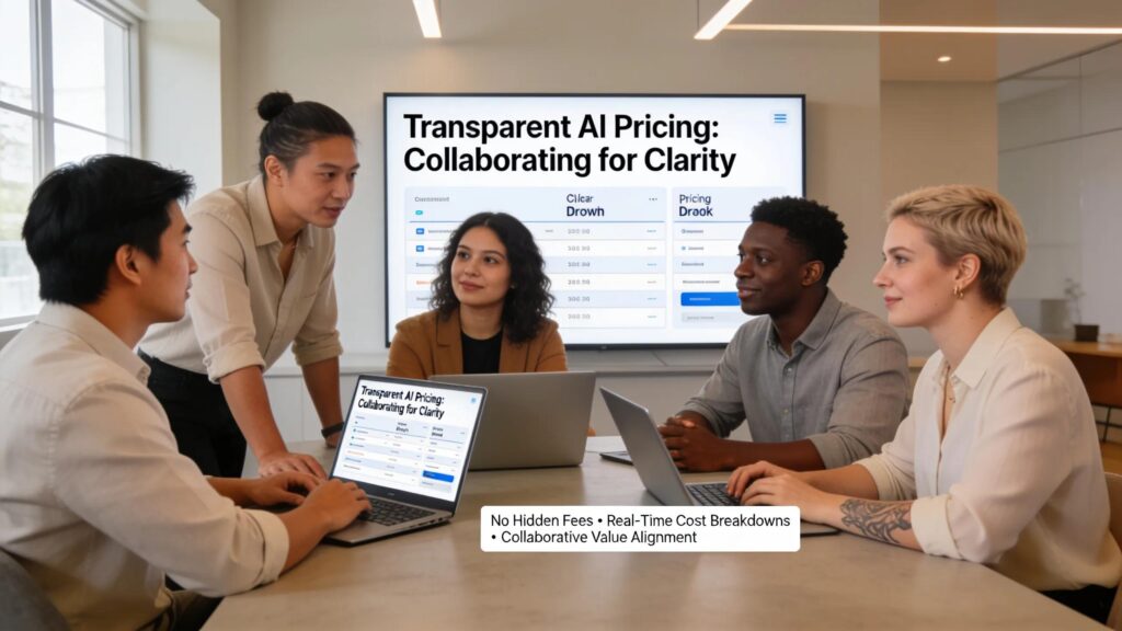 Diverse group of professionals discussing transparent pricing and technology in a modern workspace