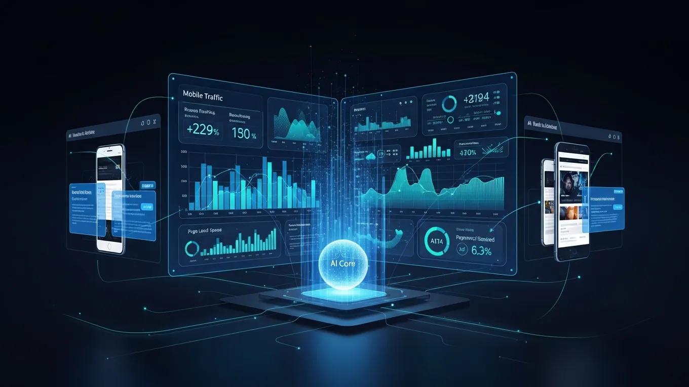 Futuristic AI interface analyzing mobile SEO performance metrics