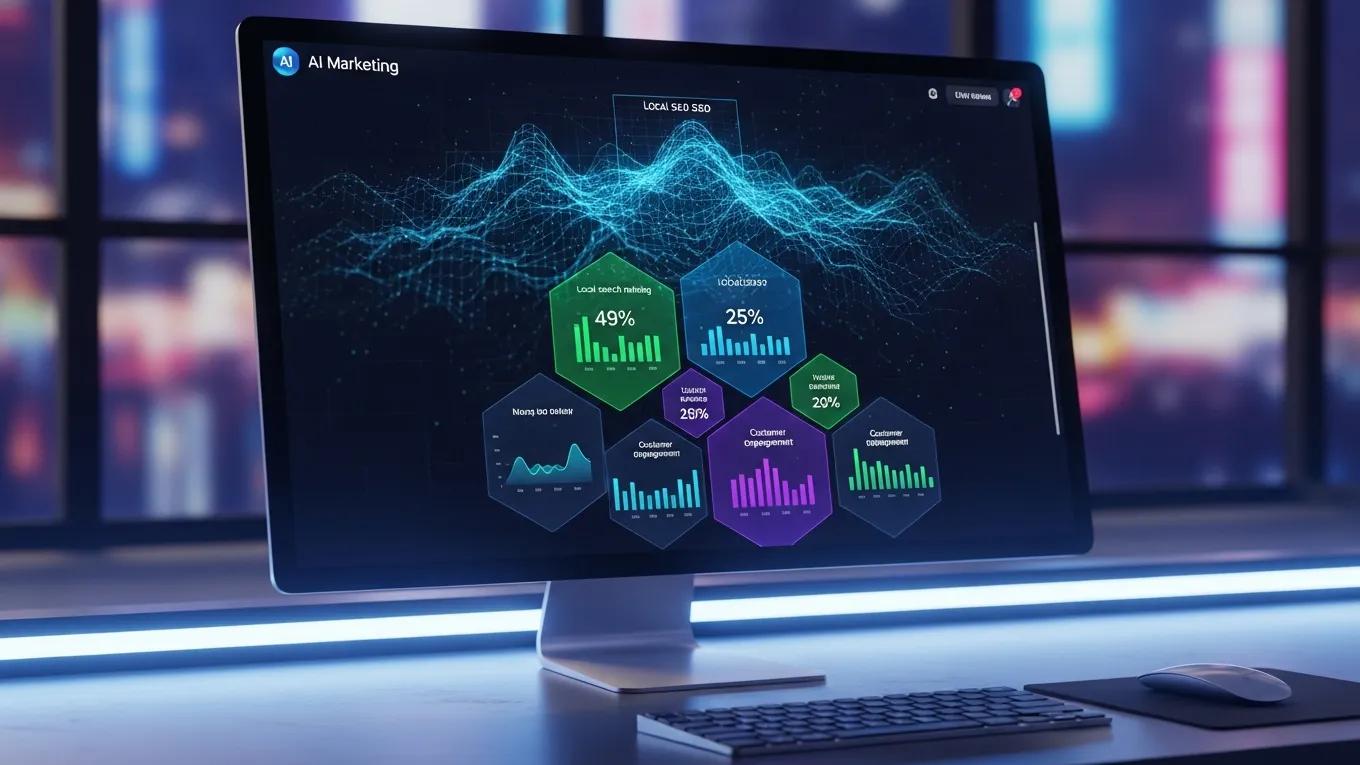 Futuristic AI marketing platform interface displaying local SEO metrics