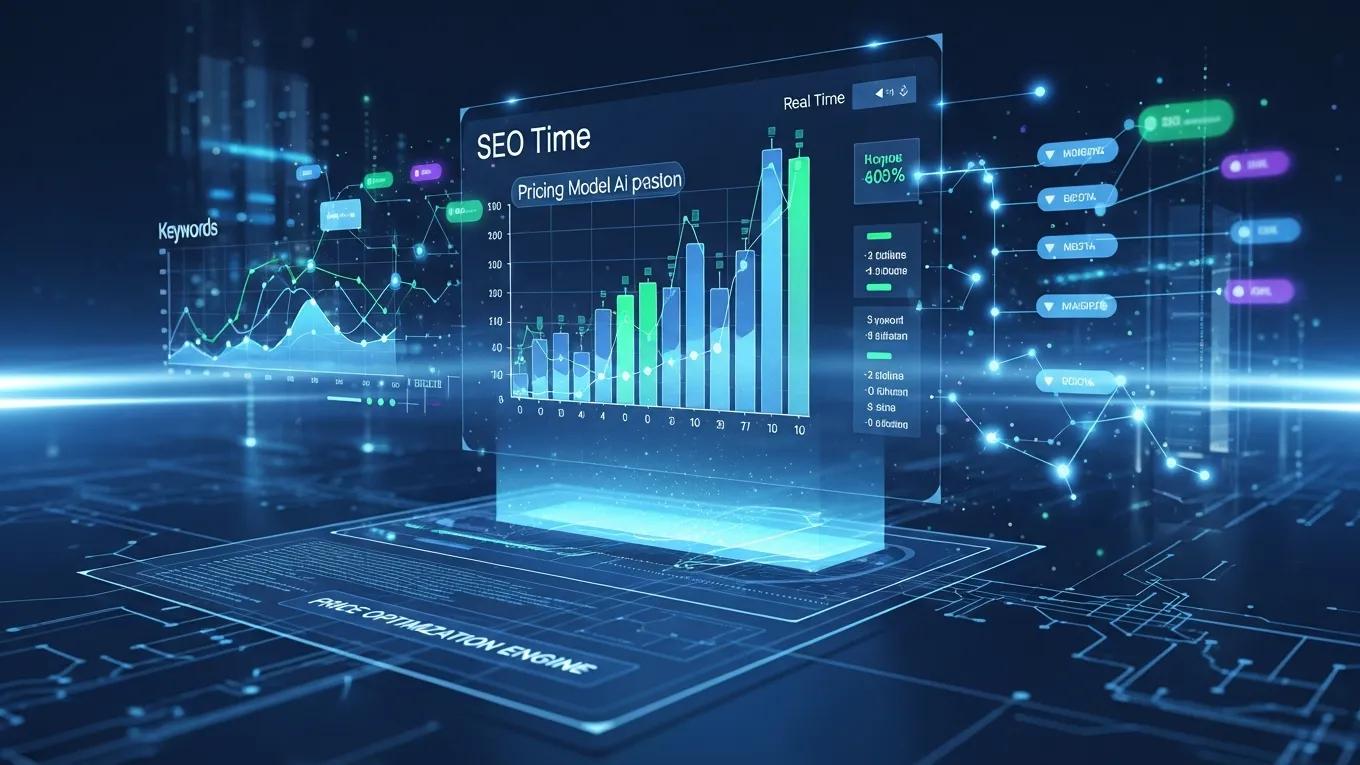 Futuristic AI technology interface displaying SEO metrics and analytics